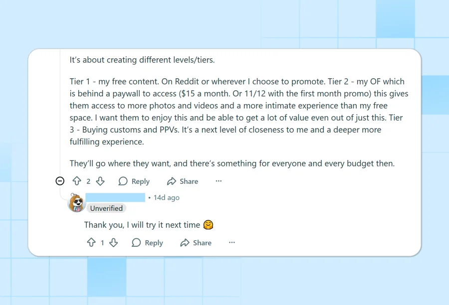 An example of building subscription levels from professional onlyfans models