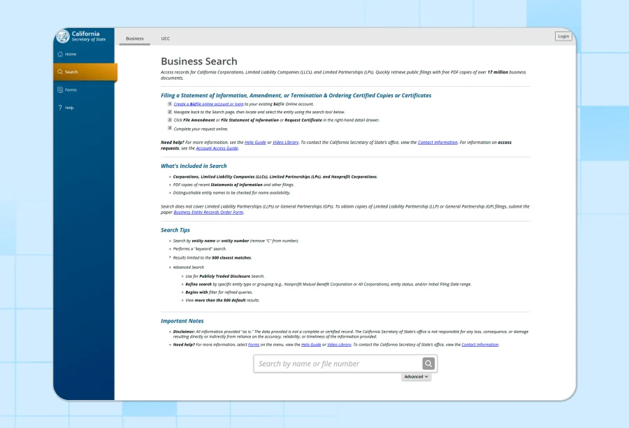 Website for verifying company registration in the state of California