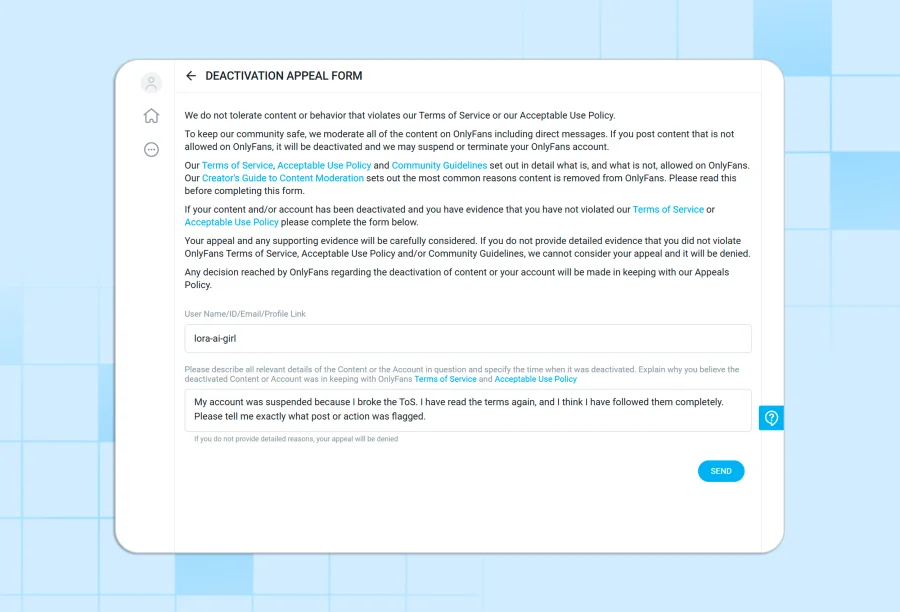 Deactivation appeal form OnlyFans